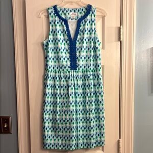 Vineyard Vines Blue and Green Geometric Print V-Neck Knee-Length Sundress